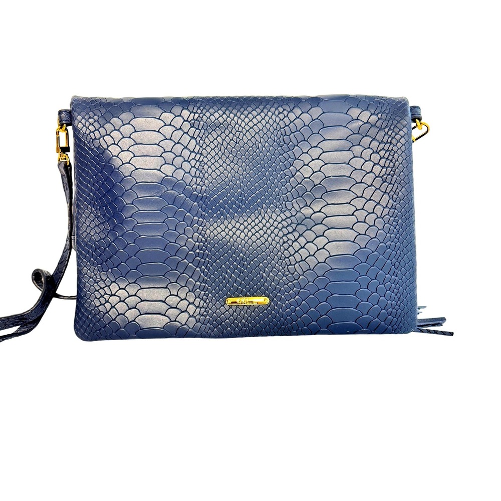 Gigi New York‎ Python Embossed Foldover Tassel Crossbody Bag Navy